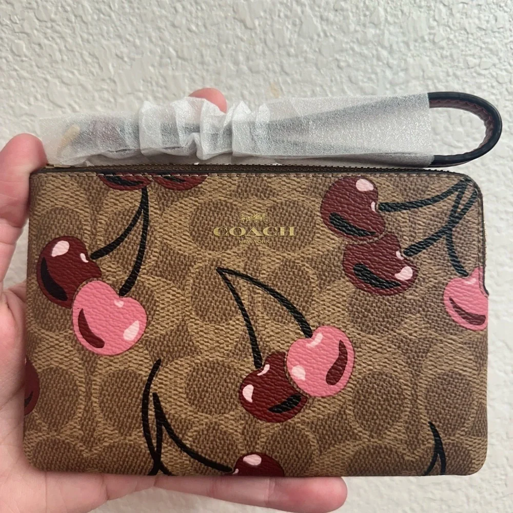 Coach Corner Zip Wristlet In Signature Canvas With Cherry Print - Picture 1 of 7
